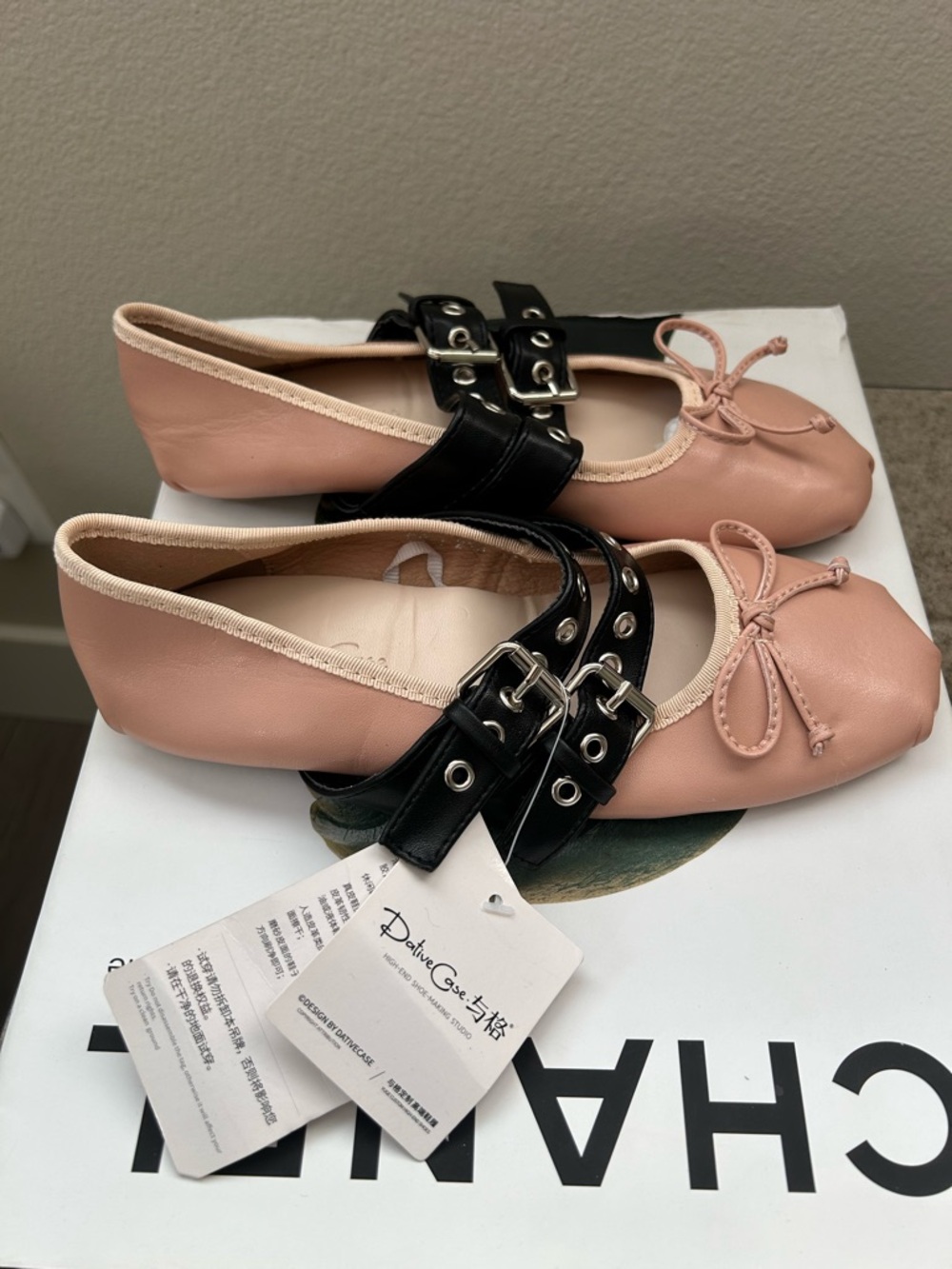 Pink Leather Ballet Flats with Double Black Buckle Straps - Picture 7 of 11
